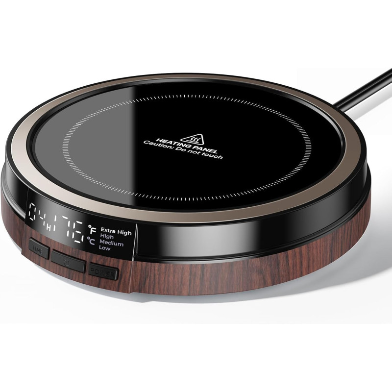 Chauffe-Tasse Bureau 50W Bois, Timer 12H, Arrêt Auto