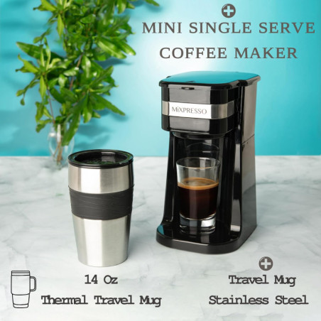 Mixpresso Single Serve Coffee Maker with 14oz Travel Mug – Black
