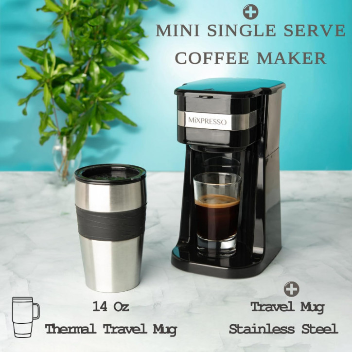 Mixpresso Single Serve Coffee Maker with 14oz Travel Mug, Reusable Filter, Auto Shut Off - Black Mixpresso Single Serve Coffee Maker with 14oz Travel Mug, Reusable Filter, Auto Shut Off - Black