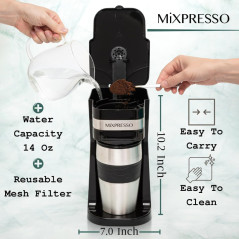 Mixpresso Single Serve Coffee Maker with 14oz Travel Mug – Black