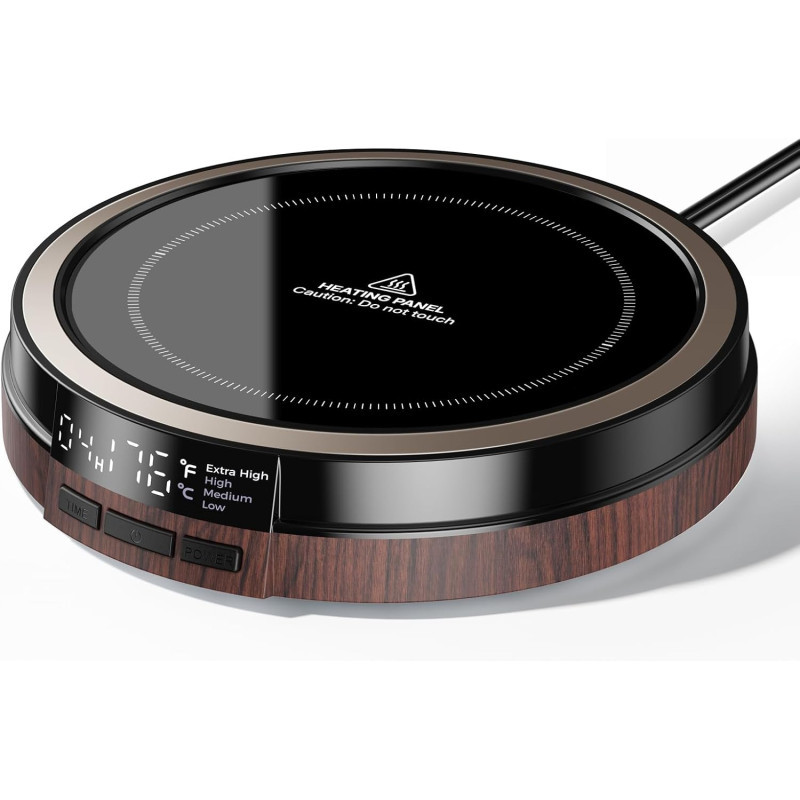 Chauffe-Tasse Bureau 50W Bois, Timer 12H, Arrêt Auto