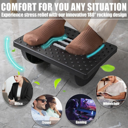 CasaZenith Ergonomic Rocking Foot Rest with Roller Massager - Under Desk Footstool for Office & Gaming, Black