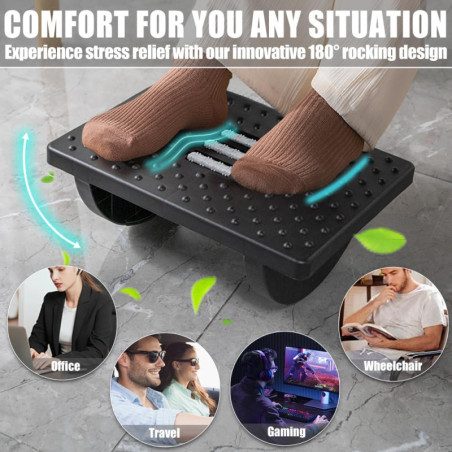 CasaZenith Ergonomic Rocking Foot Rest with Roller Massager - Under Desk Footstool for Office & Gaming, Black