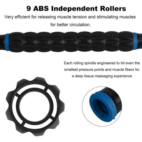 YANSYI 9-Roller Deep Tissue Massage Stick - Portable Muscle Recovery & Pain Relief Tool (Blue)