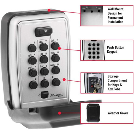 Master Lock 5423EC Wall Mount Key Lock Box – Push Button, 5 Key Capacity