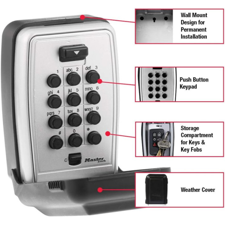 Master Lock Wall Mount Key Lock Box 5-Key Capacity, Push Button, Resettable Combination, Weatherproof Black Master Lock Wall Mount Key Lock Box 5-Key Capacity, Push Button, Resettable Combination, Weatherproof Black