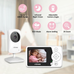 VTimes Baby Monitor with Camera & Audio, 2.4 LCD, No WiFi, Two-Way Talk, Night Vision, 1000ft Range