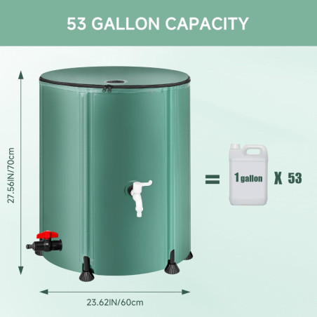 53 Gal Collapsible Rain Barrel Water Storage with Spigots & Filter Kit