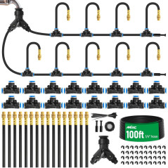 MIXC 1/4 100Ft Drip Irrigation Kit with 16 Adjustable Brass Nozzles & Bendable Rod for Garden & Lawn