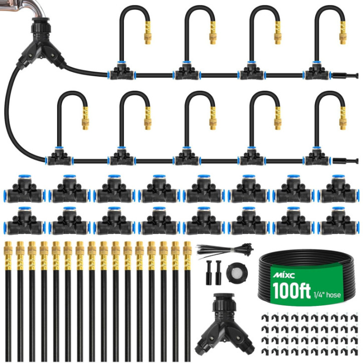 MIXC 1/4 100Ft Drip Irrigation Kit with 16 Adjustable Brass Nozzles & Bendable Rod for Garden & Lawn