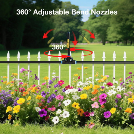 MIXC 1/4 100Ft Drip Irrigation Kit with 16 Adjustable Brass Nozzles & Bendable Rod for Garden & Lawn