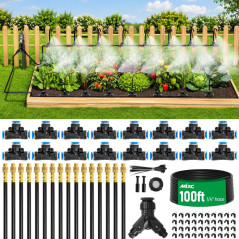 MIXC 100Ft 1/4 Drip Irrigation Kit with 16 Brass 360° Nozzles for Garden