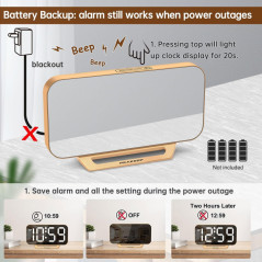 Peakeep Slim Digital Mirror Alarm Clock, Large LED, 6 Dimmers, Battery Backup – Gold, Modern Desk Clock
