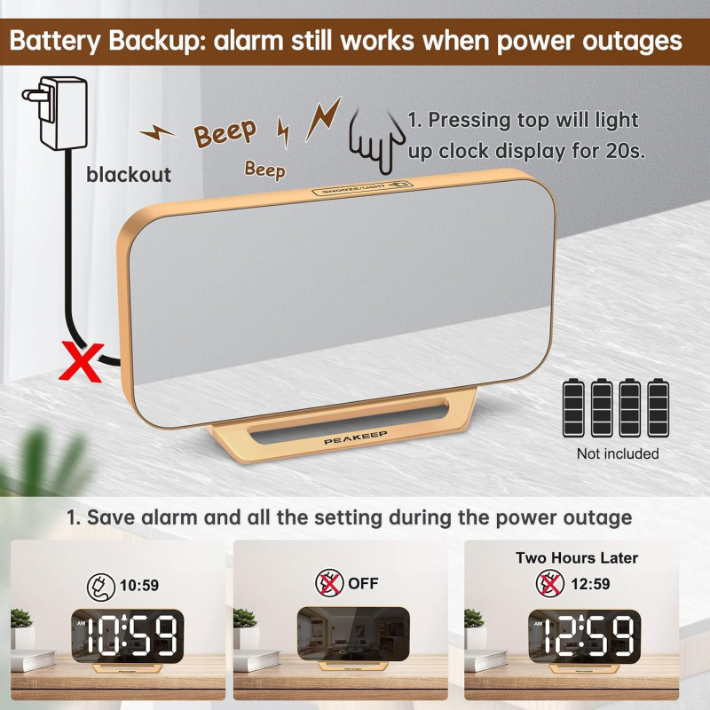 Réveil Miroir Digital Peakeep Slim LED Doré pour Bureau et Chambre
