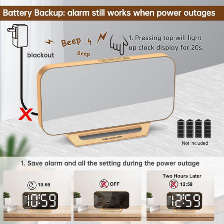 Peakeep Slim Digital Mirror Alarm Clock – Modern LED Desk Decor (Gold)