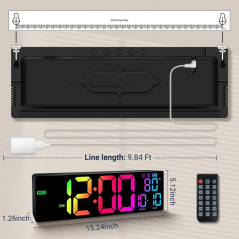 16.5 Large RGB LED Digital Wall Clock with Remote, Auto DST, Temp, Date, Easy-Read for Classroom & Home