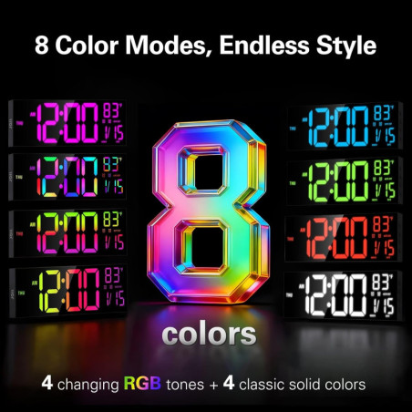 JALL 16 Large Digital Wall Clock with RGB, Bluetooth Time Set, Temperature, Dual Alarm – Black