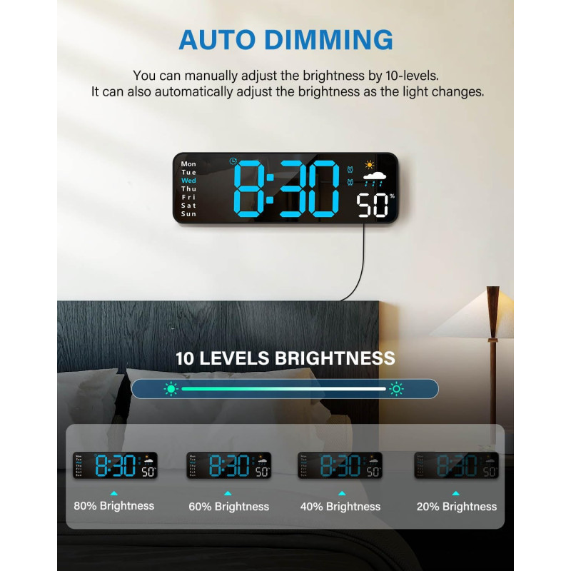 Large Digital Wall Clock with Remote, LED Display & Multiple Features