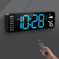 Digital Wall Clock Large LED Display with Remote, Alarm, Date, Week, Temp, Humidity, Auto DST, Countdown - Blue