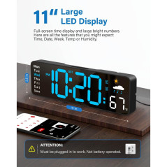 Large Digital Wall Clock with Remote, LED Display & Multiple Features