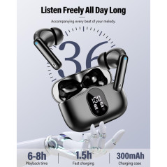 Écouteurs Bluetooth 5.4 Sans Fil IP7, Bass Stéréo, 36H Autonomie
