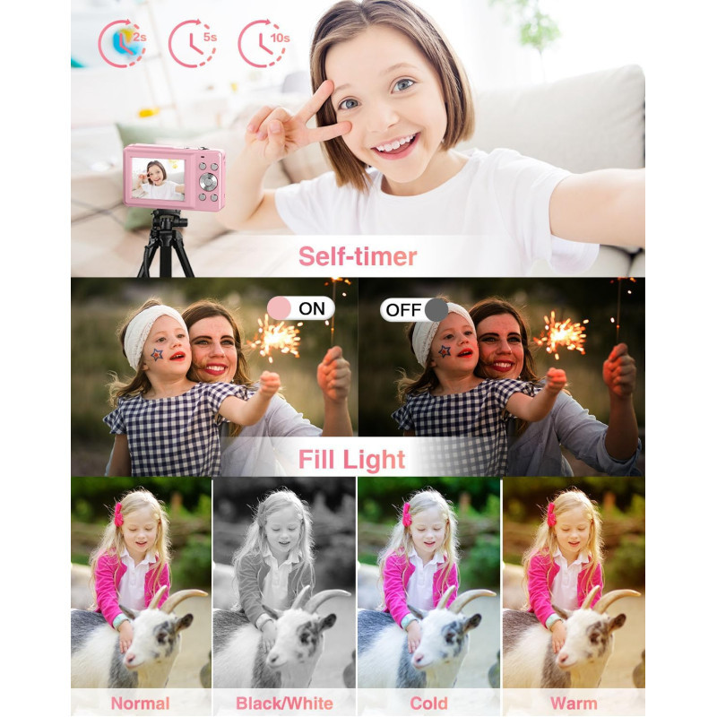 Caméra Digitale FHD 1080P pour Enfants avec Zoom 16X Rose