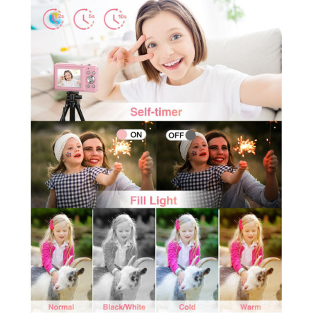 Caméra Digitale FHD 1080P pour Enfants avec Zoom 16X Rose