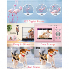 Lecran Appareil Photo Numérique FHD 1080P Rose, 32GB, Zoom 16X, Anti-Tremblement, Cadeau Idéal Enfants