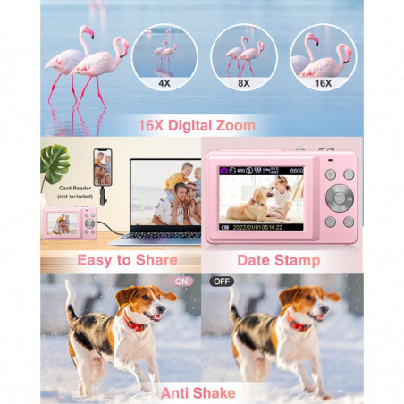 Lecran Appareil Photo Numérique FHD 1080P Rose, 32GB, Zoom 16X, Anti-Tremblement, Cadeau Idéal Enfants