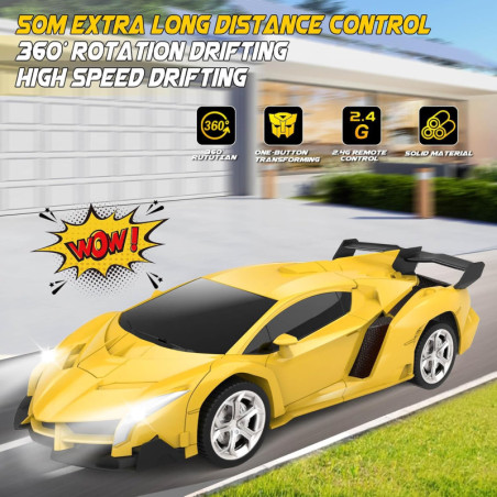 Transform RC Car for Boys 4-12, Yellow Drift Toy with One-Button Transform, 360° Rotation, 2.4GHz, 1:18 Scale