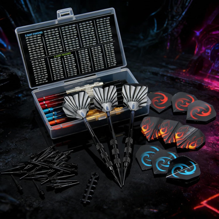 Set de 12 Fléchettes Soft Tip 17g avec 4 Couleurs, 40 Poinçons Supplémentaires, Clé et Étui de Rangement Set de 12 Fléchettes Soft Tip 17g avec 4 Couleurs, 40 Poinçons Supplémentaires, Clé et Étui de Rangement