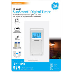 GE 7-Day In-Wall Digital Timer Switch with Auto Sunrise/Sunset, Daily & Weekly Schedules, White & Almond