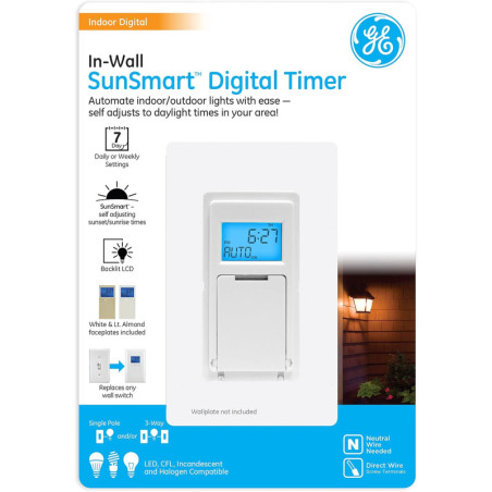 GE 7-Day In-Wall Digital Timer Switch with Auto Sunrise/Sunset, Daily & Weekly Schedules, White & Almond