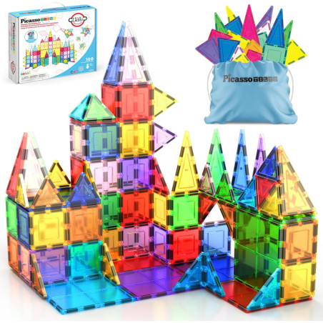 PicassoTiles 100 pièces Blocs magnétiques transparents 3D, construction évolutive, jeu familial, 3+ ans