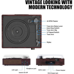 Portable Vinyl Record Player Turntable with Bluetooth & Stereo Speakers, 3-Speed Retro Design for Home & Entertainment