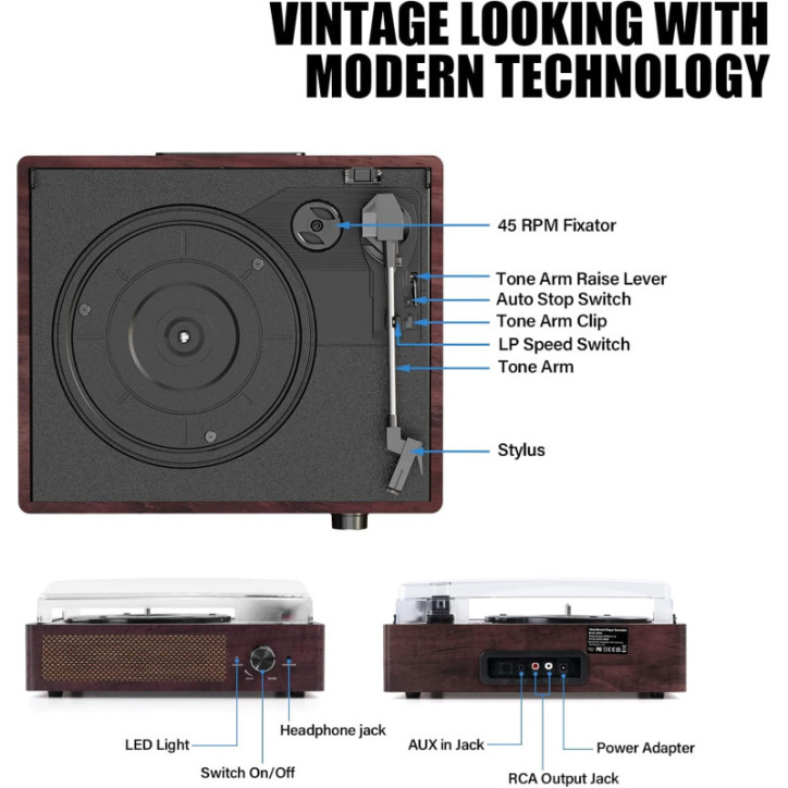 Portable Vinyl Record Player Turntable with Bluetooth & Stereo Speakers, 3-Speed Retro Design for Home & Entertainment Portable Vinyl Record Player Turntable with Bluetooth & Stereo Speakers, 3-Speed Retro Design for Home & Entertainment