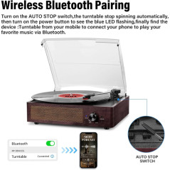 Platine Vinyle Bluetooth 3 Vitesses avec Haut-parleurs Stéréo