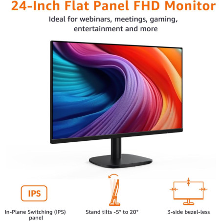 Amazon Basics 24 FHD 1080P Monitor, 100Hz, VESA Compatible, Built-in Speakers, Black