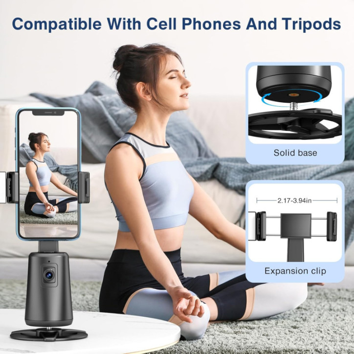 Auto Face Tracking 360° Rotating Tripod Stand for Phone with Remote & Gesture Control, Rechargeable - Black