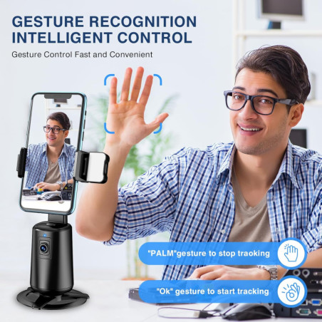 Auto Face Tracking 360° Rotating Tripod Stand for Phone with Remote & Gesture Control, Rechargeable - Black