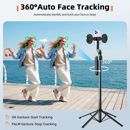 Selfie Stick Trépied Auto-Suivi 360° avec Lumière et Télécommande pour iPhone - 70.9 pour Vlog