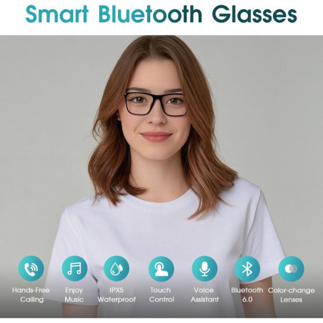 Bluetooth Smart Glasses for Men & Women with Color-Change Lens, Open Ear Speakers, IPX5 Waterproof - Black