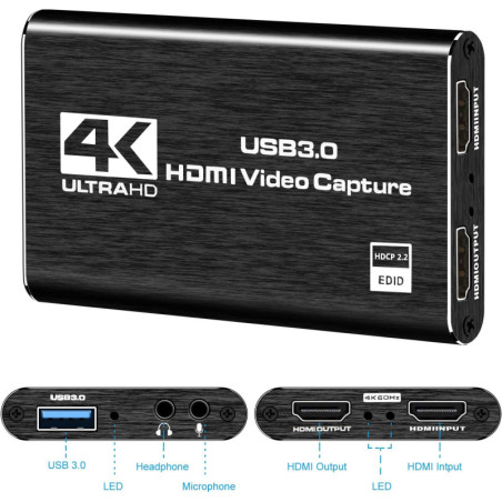 Carte de capture 4K HDMI USB 3.0, 1080P 60FPS, compatible Xbox/PS4/PS5/PC, streaming et enregistrement vidéo