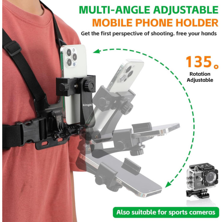 KINGKI Harnais de Poitrine et Support Tête pour Smartphone et Caméras POV/VLOG, Compatible iPhone, Samsung, GoPro, DJI, etc. KINGKI Harnais de Poitrine et Support Tête pour Smartphone et Caméras POV/VLOG, Compatible iPhone, Samsung, GoPro, DJI, etc.