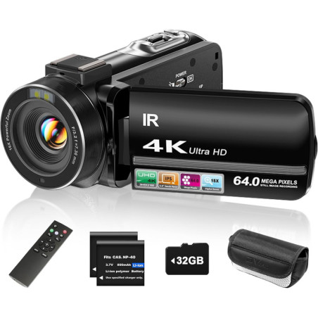 Caméra Vidéo 4K ZYDIIE 64MP UHD Vlogging 18x Zoom Écran Tactile 3 270° Vision Nocturne Remote 32GB