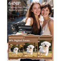 ZYDIIE 4K UHD Vlogging Camera 64MP, 18x Zoom, Night Vision & Touchscreen