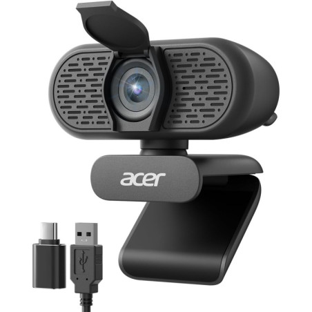 Acer 1080p USB Webcam with Noise-Canceling Mics, Wide Angle, Privacy Cover & A-to-C Adapter for Streaming & Meetings
