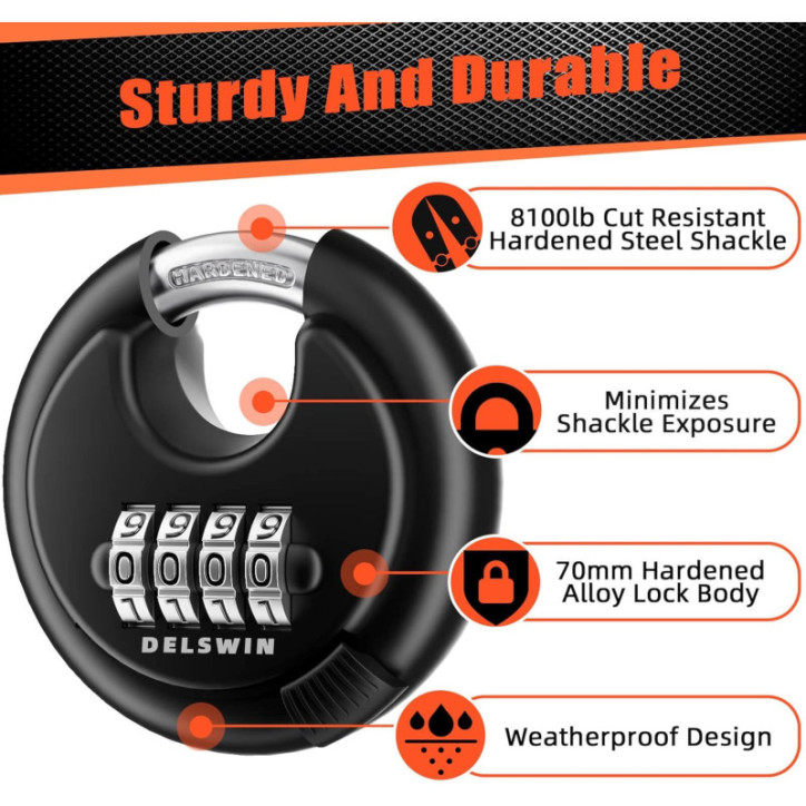DELSWIN 4-Digit Heavy Duty Weatherproof Combination Padlocks, Hardened Steel Shackle, Black, 2-Pack DELSWIN 4-Digit Heavy Duty Weatherproof Combination Padlocks, Hardened Steel Shackle, Black, 2-Pack
