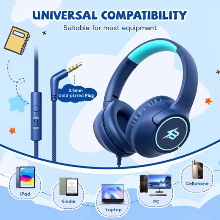 Casque Enfant Filaire 3.5mm Volume Limité avec Micro Bleu Marine