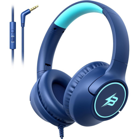 Casque Enfants Filaire 3.5mm Volume Sûr avec Microphone, Bleu Marine pour École